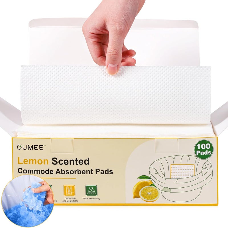 OUMEE 100 PCS Lemon Scented Absorbent Commode Pads for Bedside Commode Bucket, Commode Liner Pads with Absorbent Gel, Potty Liner Pads for Adults Seniors Portable Toilet Pad Bedpans - Image 1
